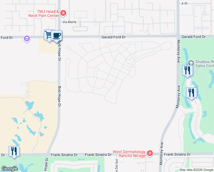 map of restaurants, bars, coffee shops, grocery stores, and more near Marine Way in Rancho Mirage