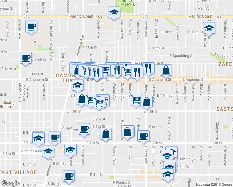 map of restaurants, bars, coffee shops, grocery stores, and more near in Long Beach