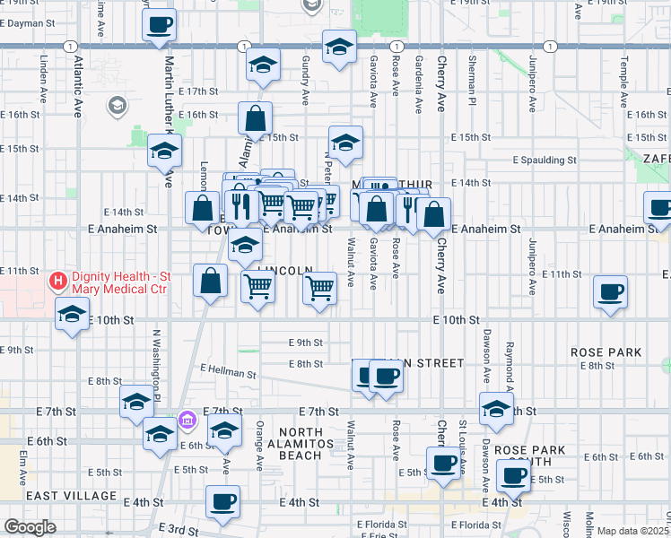 map of restaurants, bars, coffee shops, grocery stores, and more near 1136 Hoffman Avenue in Long Beach