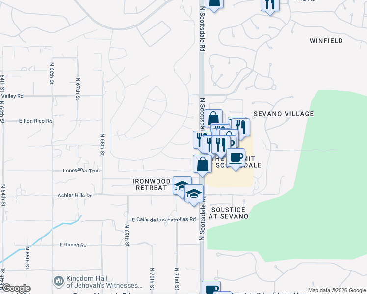 map of restaurants, bars, coffee shops, grocery stores, and more near 7159 East Aloe Vera Drive in Scottsdale
