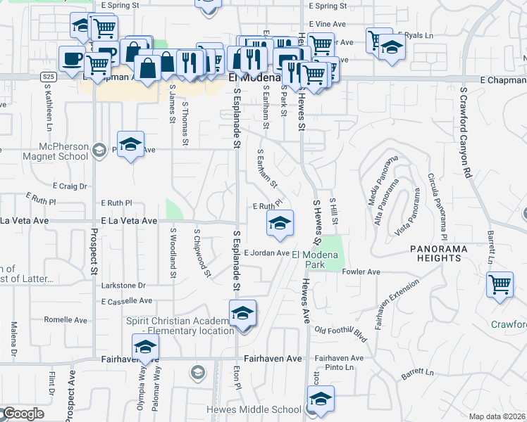 map of restaurants, bars, coffee shops, grocery stores, and more near 4244 East Ruth Place in Orange