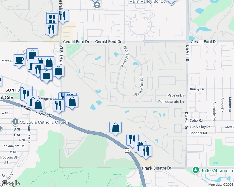 map of restaurants, bars, coffee shops, grocery stores, and more near 36709 Avenue Del Sol in Cathedral City