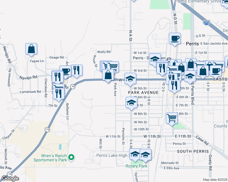 map of restaurants, bars, coffee shops, grocery stores, and more near 3020 Goetz Road in Perris