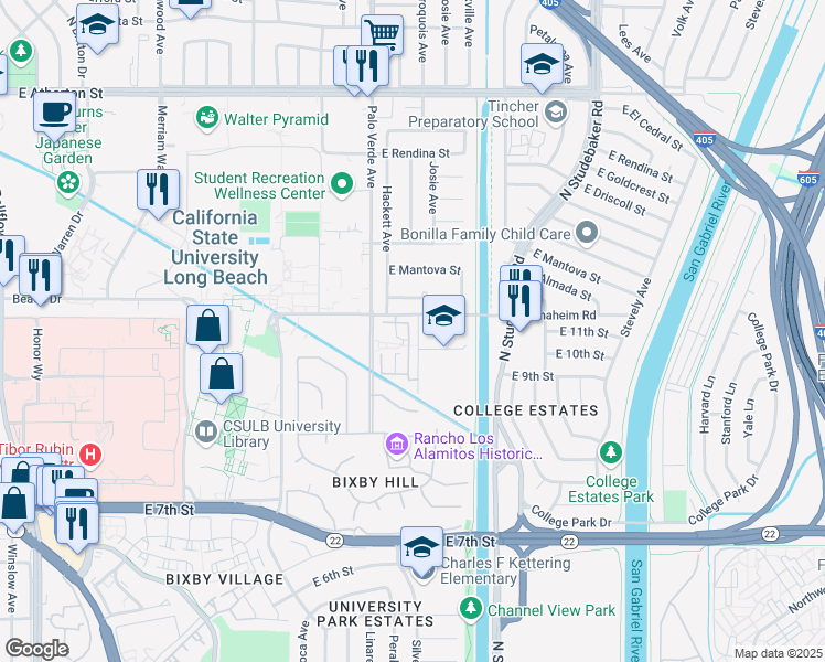 map of restaurants, bars, coffee shops, grocery stores, and more near 1046 Palo Verde Avenue in Long Beach