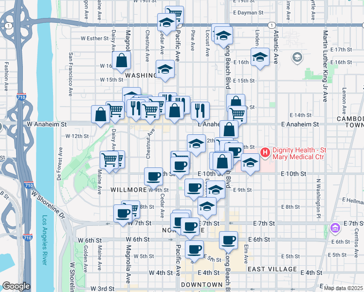 map of restaurants, bars, coffee shops, grocery stores, and more near 1140 Pacific Avenue in Long Beach