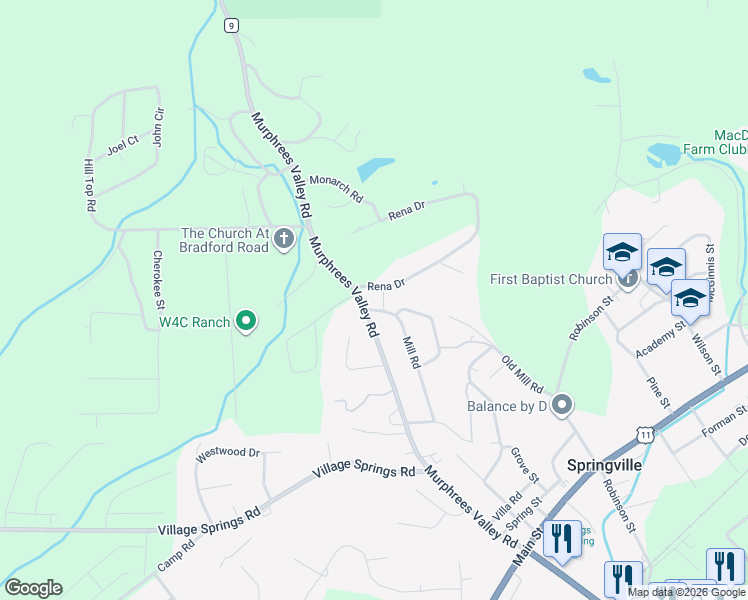map of restaurants, bars, coffee shops, grocery stores, and more near 69 Rena Drive in Springville