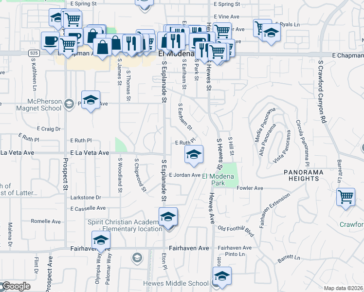 map of restaurants, bars, coffee shops, grocery stores, and more near 4244 East Ruth Place in Orange