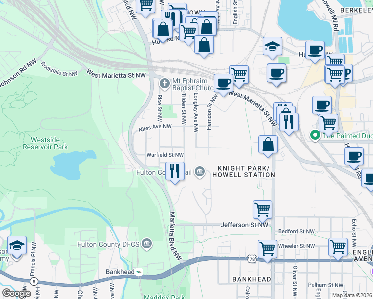 map of restaurants, bars, coffee shops, grocery stores, and more near 955 Tilden Street Northwest in Atlanta