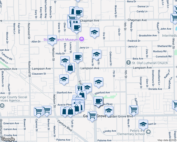 map of restaurants, bars, coffee shops, grocery stores, and more near 12511 Pine Street in Garden Grove