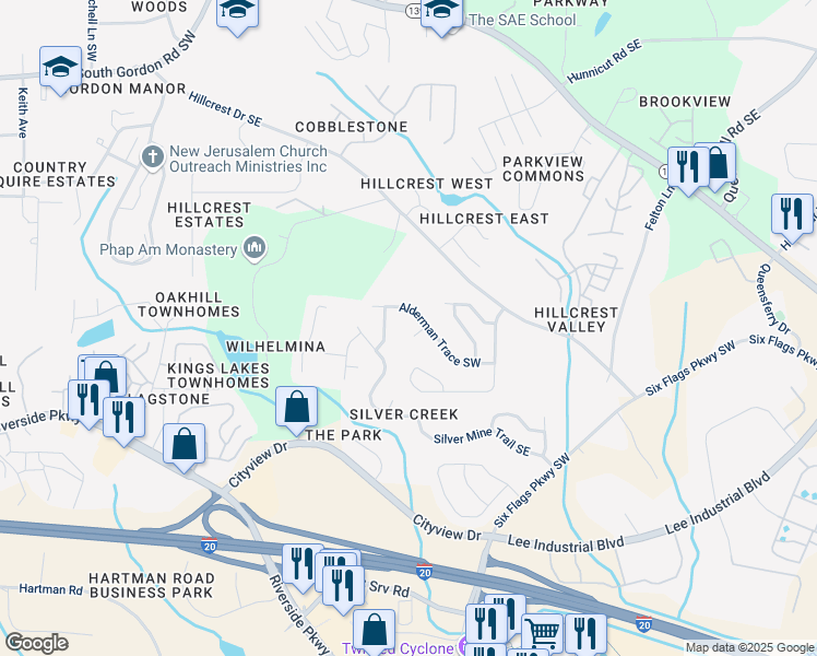map of restaurants, bars, coffee shops, grocery stores, and more near 7104 Alderman Ridge in Austell