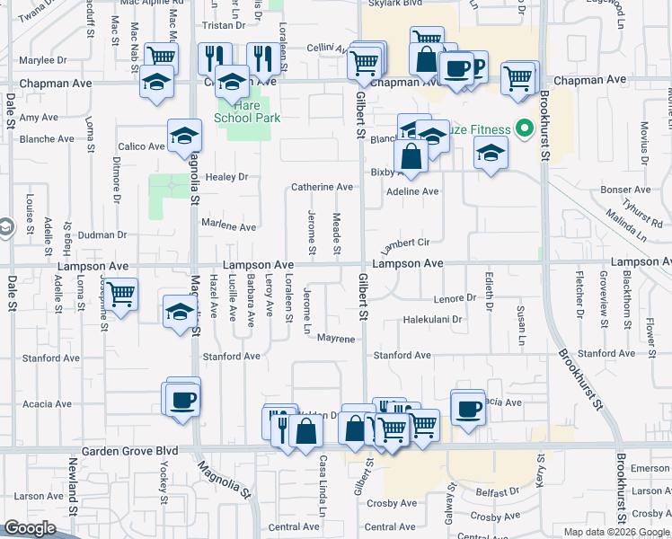 map of restaurants, bars, coffee shops, grocery stores, and more near 12501 Mabee Circle in Garden Grove