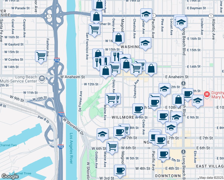 map of restaurants, bars, coffee shops, grocery stores, and more near 1151 Daisy Avenue in Long Beach