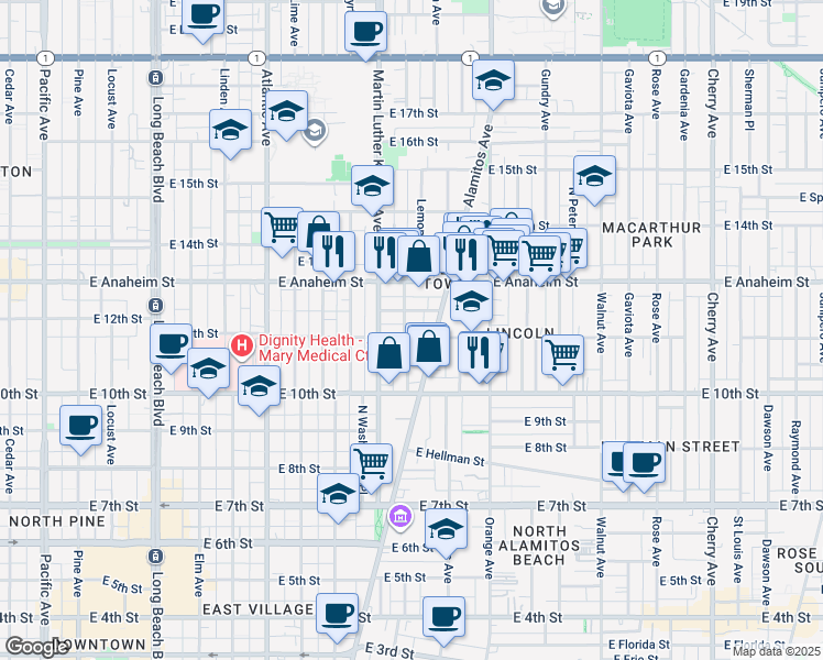 map of restaurants, bars, coffee shops, grocery stores, and more near 1101 East 11th Street in Long Beach