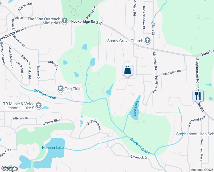 map of restaurants, bars, coffee shops, grocery stores, and more near 5986 Hitt Lake Trail in Stone Mountain