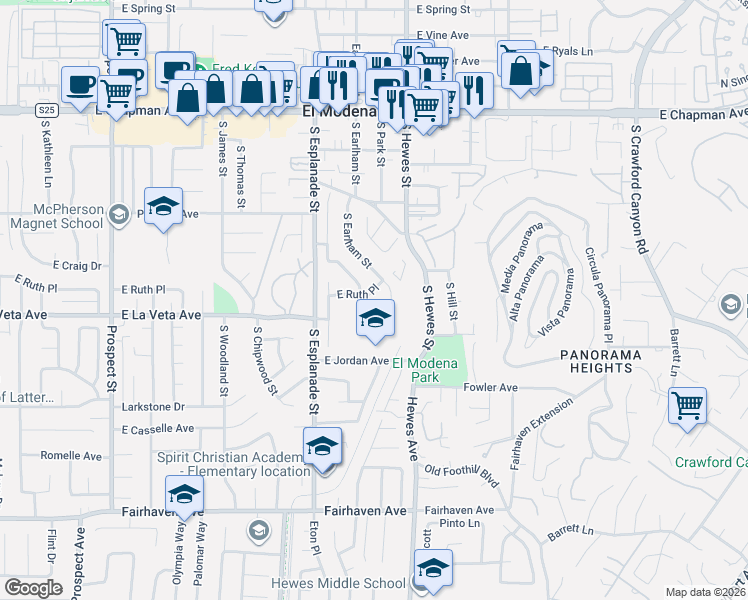 map of restaurants, bars, coffee shops, grocery stores, and more near 4334 East Ruth Place in Orange