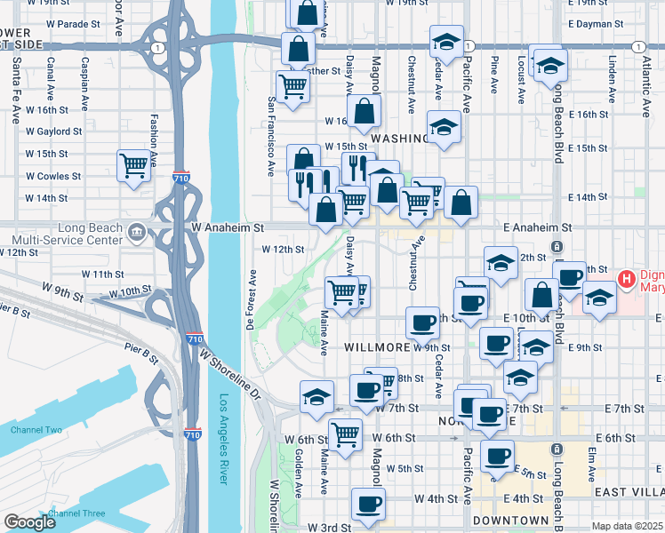 map of restaurants, bars, coffee shops, grocery stores, and more near 1146 North Loma Vista Drive in Long Beach