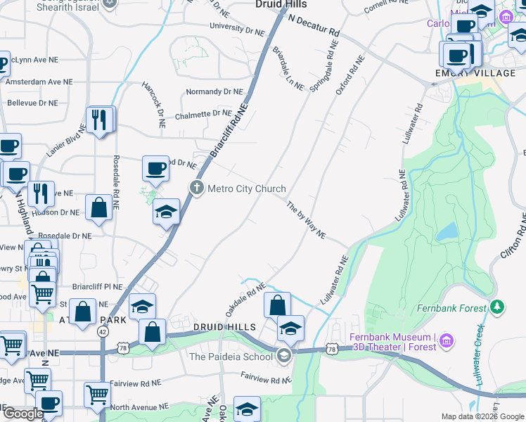 map of restaurants, bars, coffee shops, grocery stores, and more near 995 Springdale Road Northeast in Atlanta