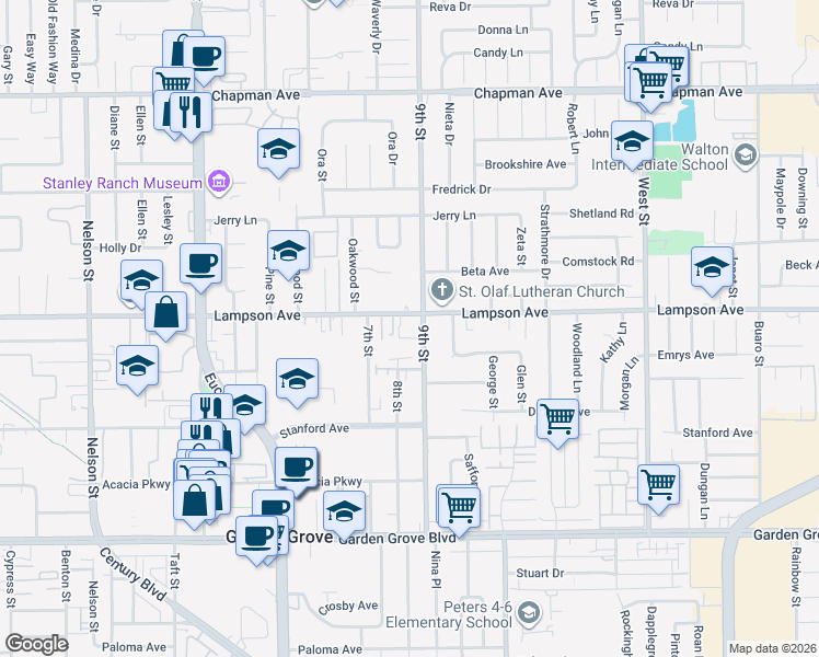 map of restaurants, bars, coffee shops, grocery stores, and more near 11461 Lampson Avenue in Garden Grove