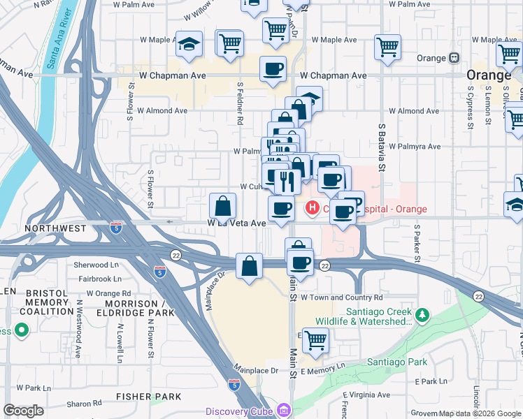 map of restaurants, bars, coffee shops, grocery stores, and more near 424 South Main Street in Orange