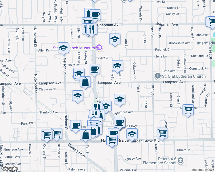 map of restaurants, bars, coffee shops, grocery stores, and more near 12511 Pine Street in Garden Grove