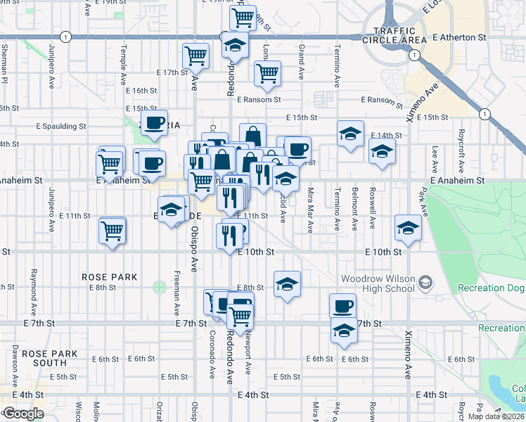 map of restaurants, bars, coffee shops, grocery stores, and more near 1109 Loma Avenue in Long Beach