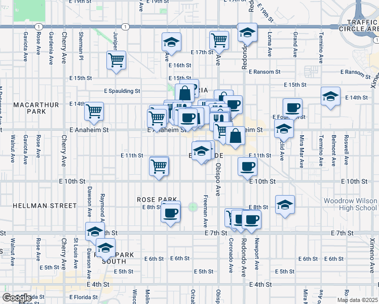 map of restaurants, bars, coffee shops, grocery stores, and more near 1111 Orizaba Avenue in Long Beach