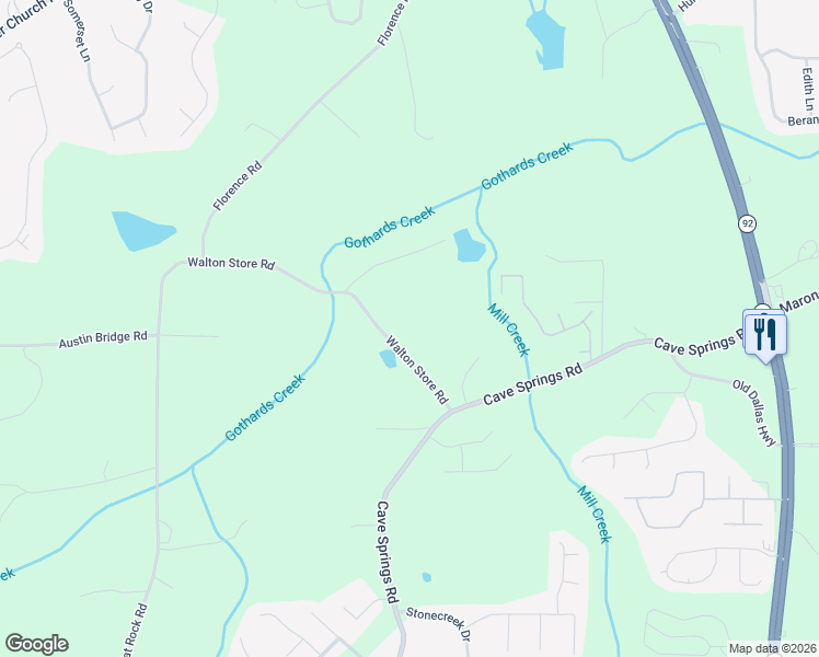 map of restaurants, bars, coffee shops, grocery stores, and more near 5886 Walton Store Road in Douglasville