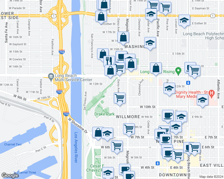 map of restaurants, bars, coffee shops, grocery stores, and more near 1146 North Loma Vista Drive in Long Beach