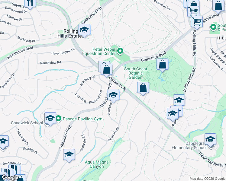 map of restaurants, bars, coffee shops, grocery stores, and more near 26653 Westvale Road in Rolling Hills