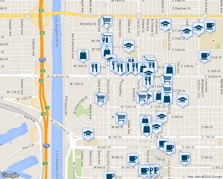 map of restaurants, bars, coffee shops, grocery stores, and more near 1248 North Loma Vista Drive in Long Beach