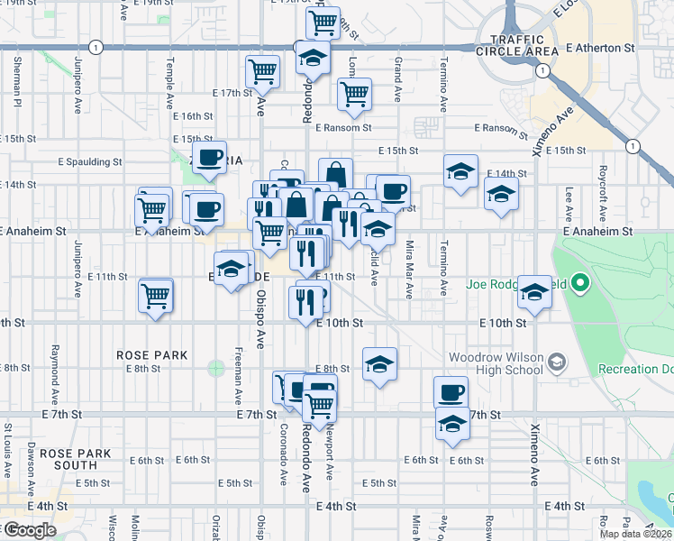map of restaurants, bars, coffee shops, grocery stores, and more near 1137 Loma Avenue in Long Beach