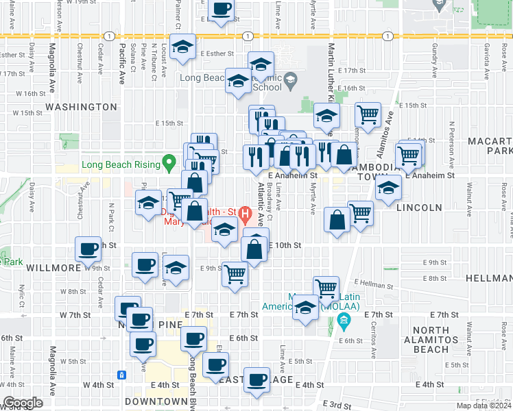 map of restaurants, bars, coffee shops, grocery stores, and more near 1101 Atlantic Avenue in Long Beach
