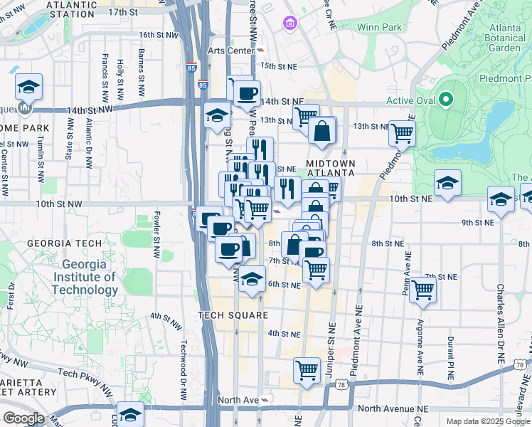 map of restaurants, bars, coffee shops, grocery stores, and more near in Atlanta