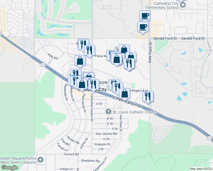 map of restaurants, bars, coffee shops, grocery stores, and more near 68700 Avenue Lalo Guerrero in Cathedral City
