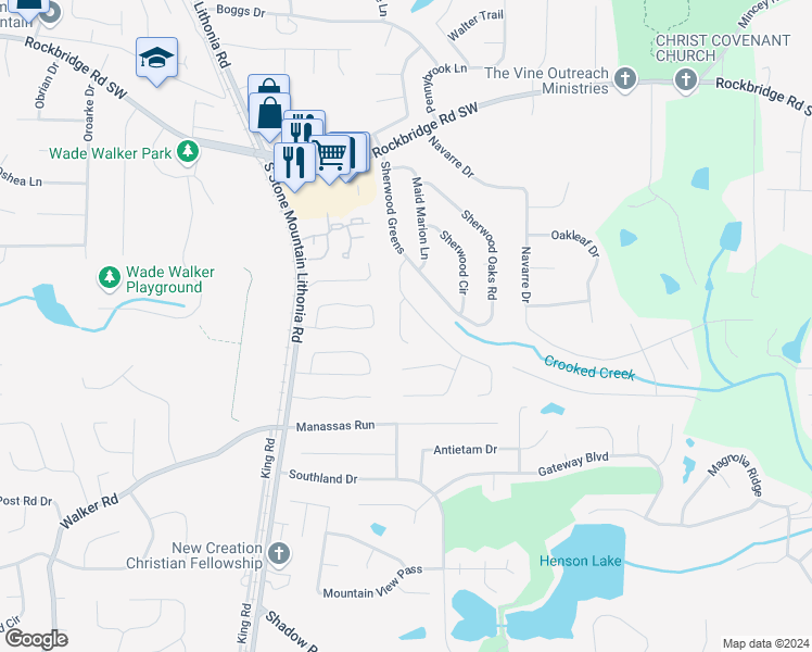map of restaurants, bars, coffee shops, grocery stores, and more near 574 Old Friar Tuck Lane in Stone Mountain