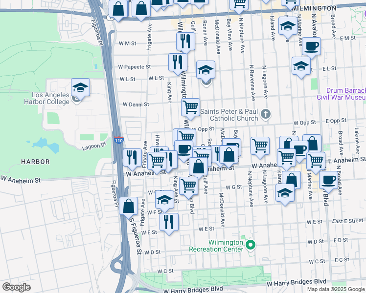 map of restaurants, bars, coffee shops, grocery stores, and more near 909 North Wilmington Boulevard in Los Angeles