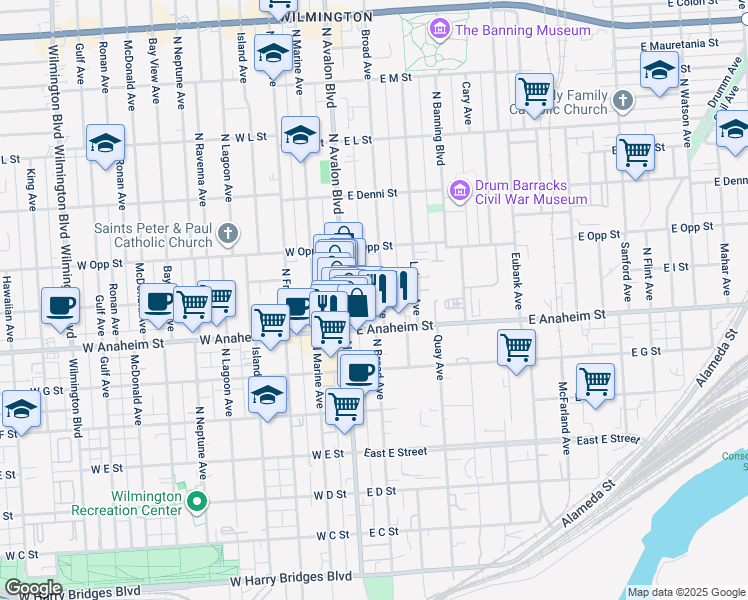 map of restaurants, bars, coffee shops, grocery stores, and more near 127 East I Street in Los Angeles