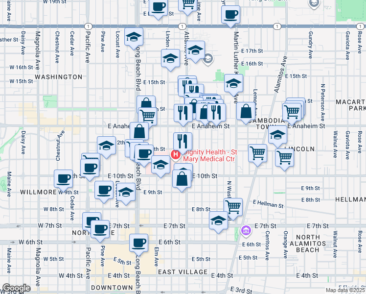 map of restaurants, bars, coffee shops, grocery stores, and more near 1101 Atlantic Avenue in Long Beach