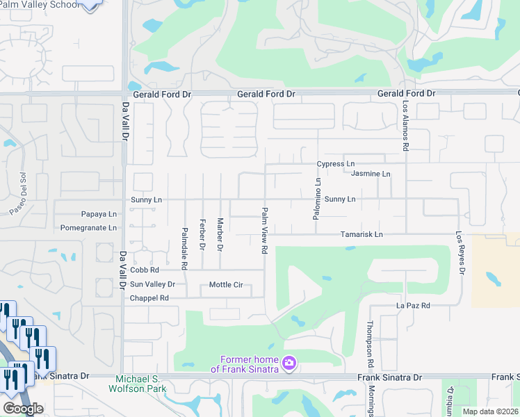 map of restaurants, bars, coffee shops, grocery stores, and more near 36829 Palm View Road in Rancho Mirage