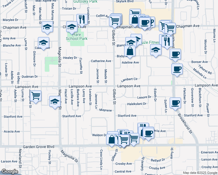 map of restaurants, bars, coffee shops, grocery stores, and more near 12461 Gilbert Street in Garden Grove