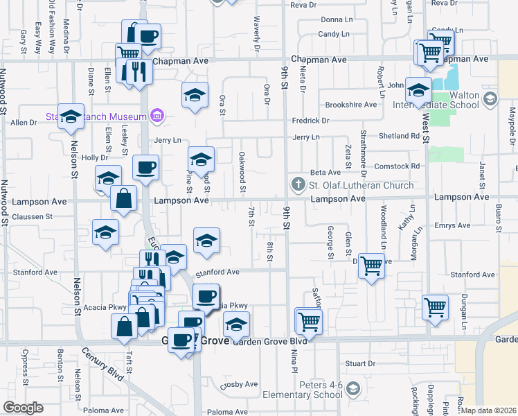 map of restaurants, bars, coffee shops, grocery stores, and more near 11390 Lampson Avenue in Garden Grove