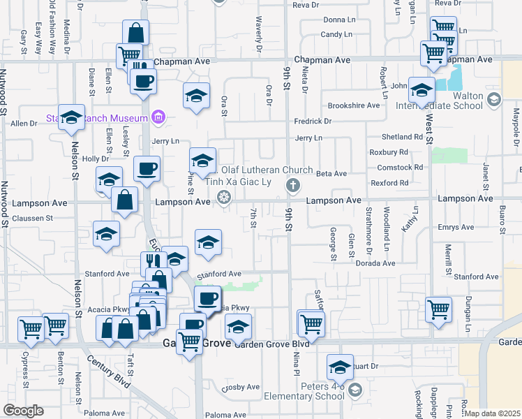 map of restaurants, bars, coffee shops, grocery stores, and more near 11390 Lampson Avenue in Garden Grove