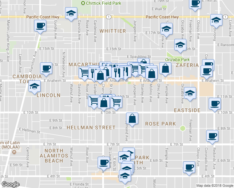 map of restaurants, bars, coffee shops, grocery stores, and more near 1111 Dawson Avenue in Long Beach