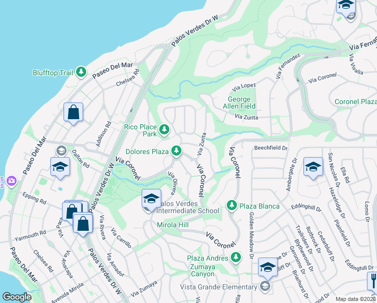 map of restaurants, bars, coffee shops, grocery stores, and more near 1208 Vía Landeta in Palos Verdes Estates