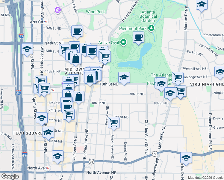 map of restaurants, bars, coffee shops, grocery stores, and more near in Atlanta