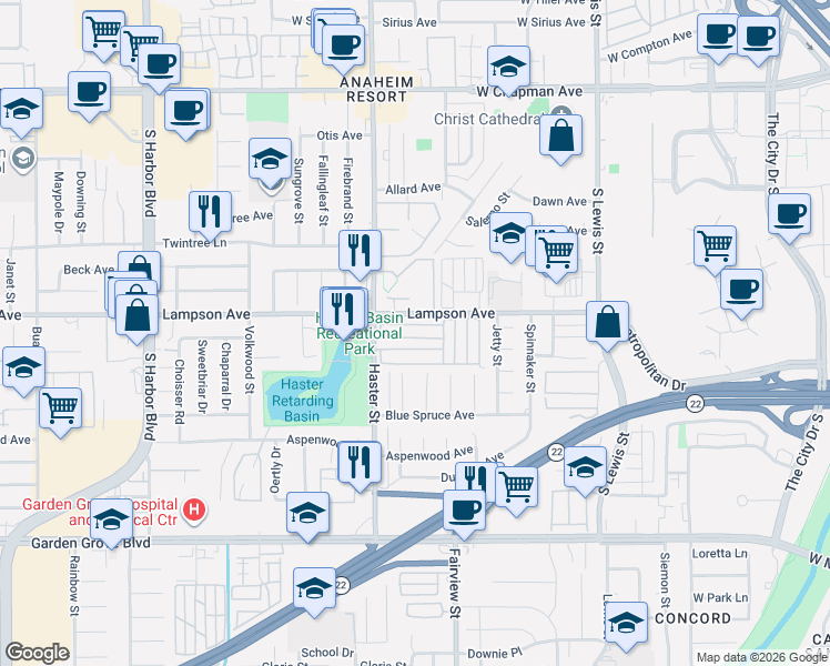 map of restaurants, bars, coffee shops, grocery stores, and more near Rodeo in Garden Grove