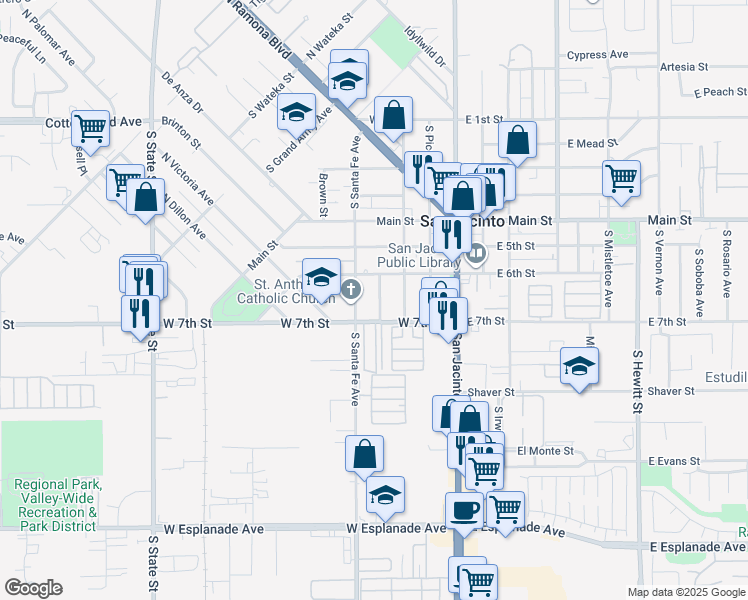 map of restaurants, bars, coffee shops, grocery stores, and more near 650 South San Marcos Place in San Jacinto