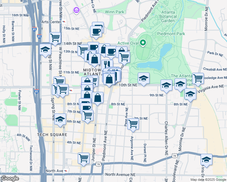 map of restaurants, bars, coffee shops, grocery stores, and more near in Atlanta