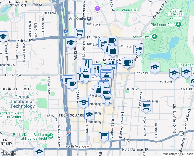 map of restaurants, bars, coffee shops, grocery stores, and more near 65 10th Street Northeast in Atlanta