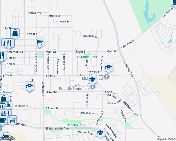 map of restaurants, bars, coffee shops, grocery stores, and more near 1055 Reward Street in San Jacinto